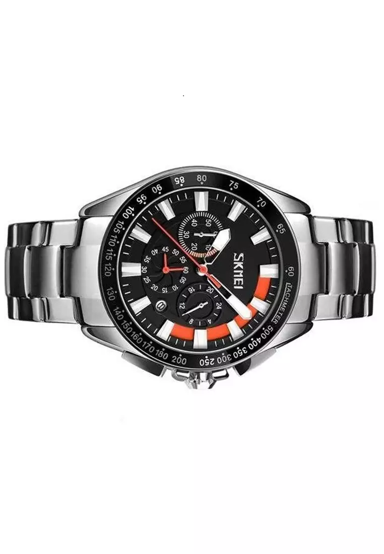 Jam Tangan Analog Pria Strap Stainless Steel Stopwatch Waterproof 30m Minute Second Dial Calendar 0077 ORIGINAL