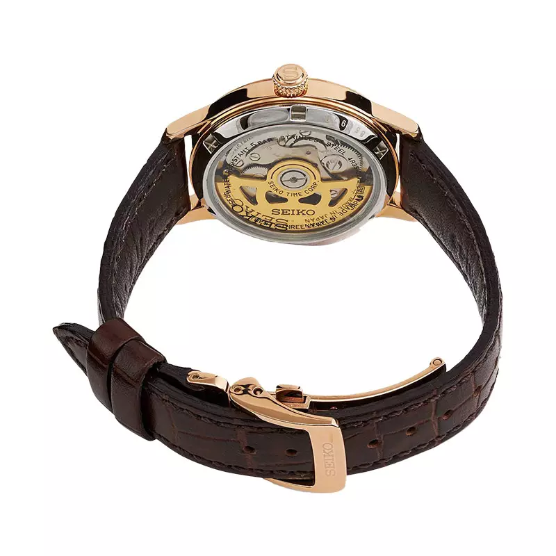 Jam Tangan Wanita Seiko Presage SRP852J1 Automatic Bellini Cocktail Ladies Series Silver Dial Brown Leather Strap