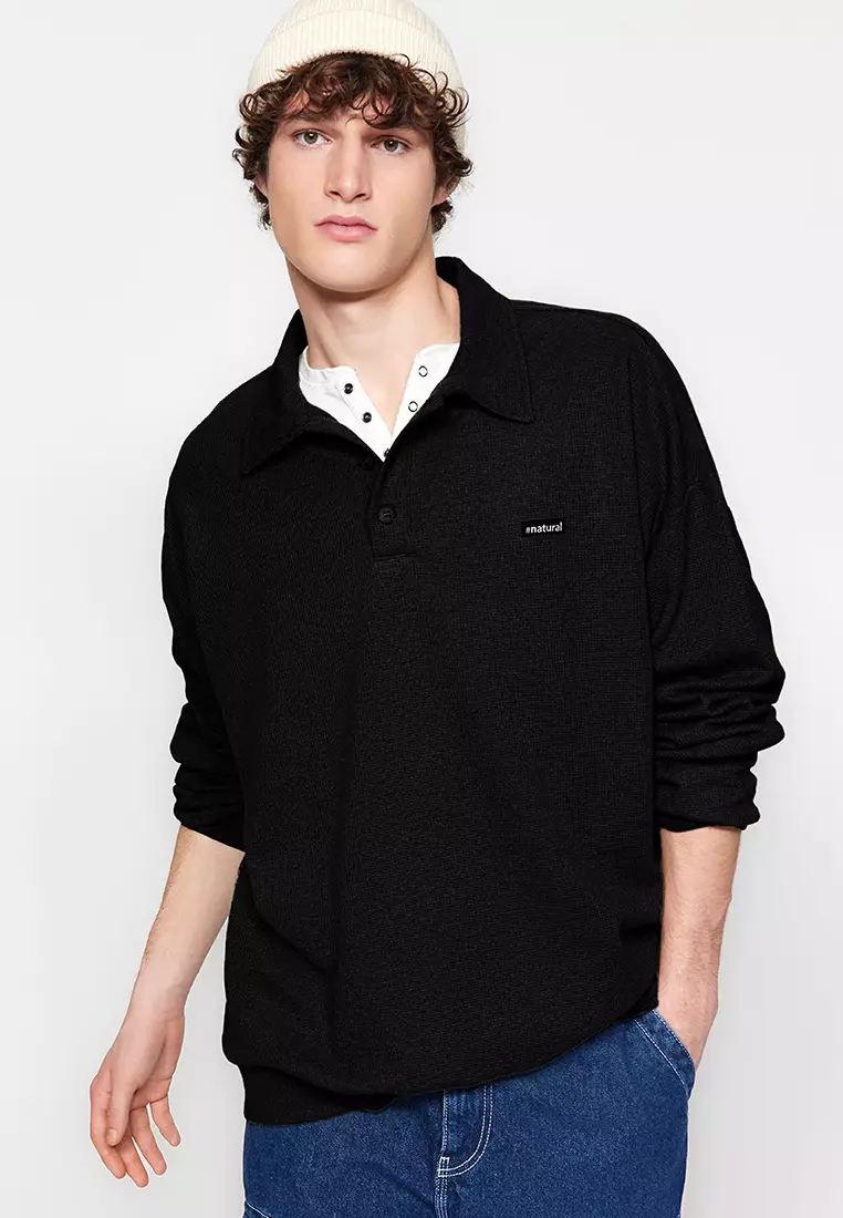 Black Oversize/Wide Cut Labeled Textured Polo Collar Non-raised Sweatshirt TMNAW24SW00224