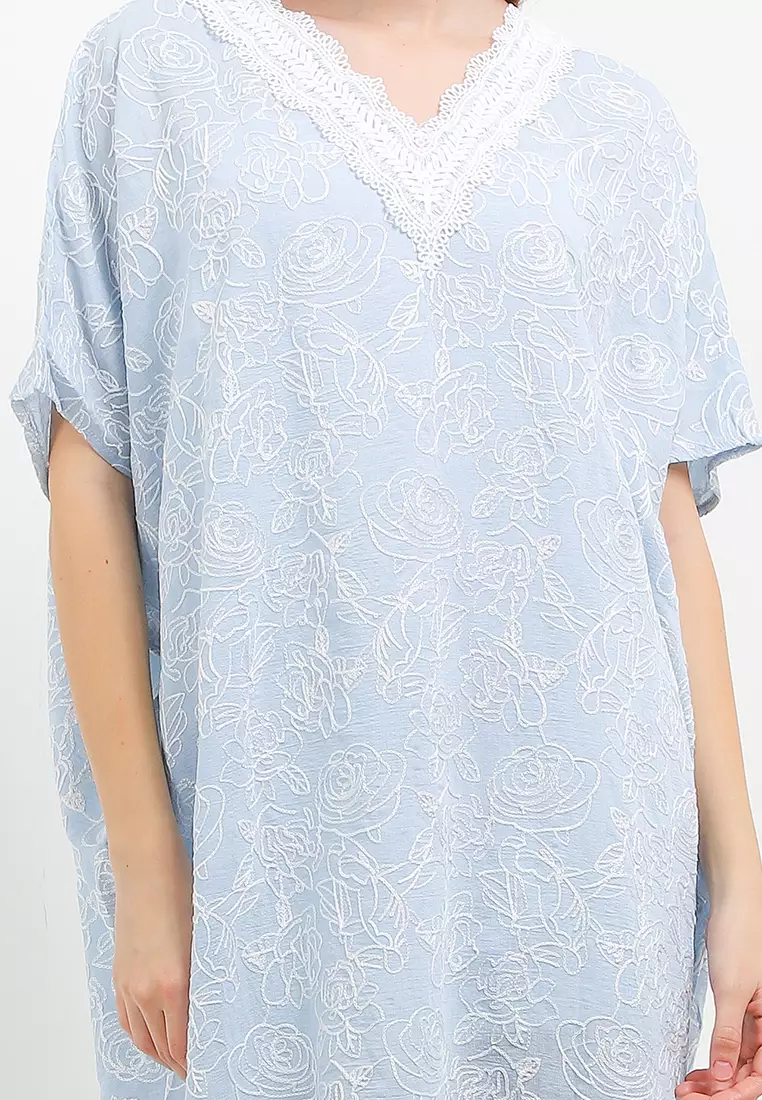 V Neck Crochet Lace Detail Full Embroidery Kaftan