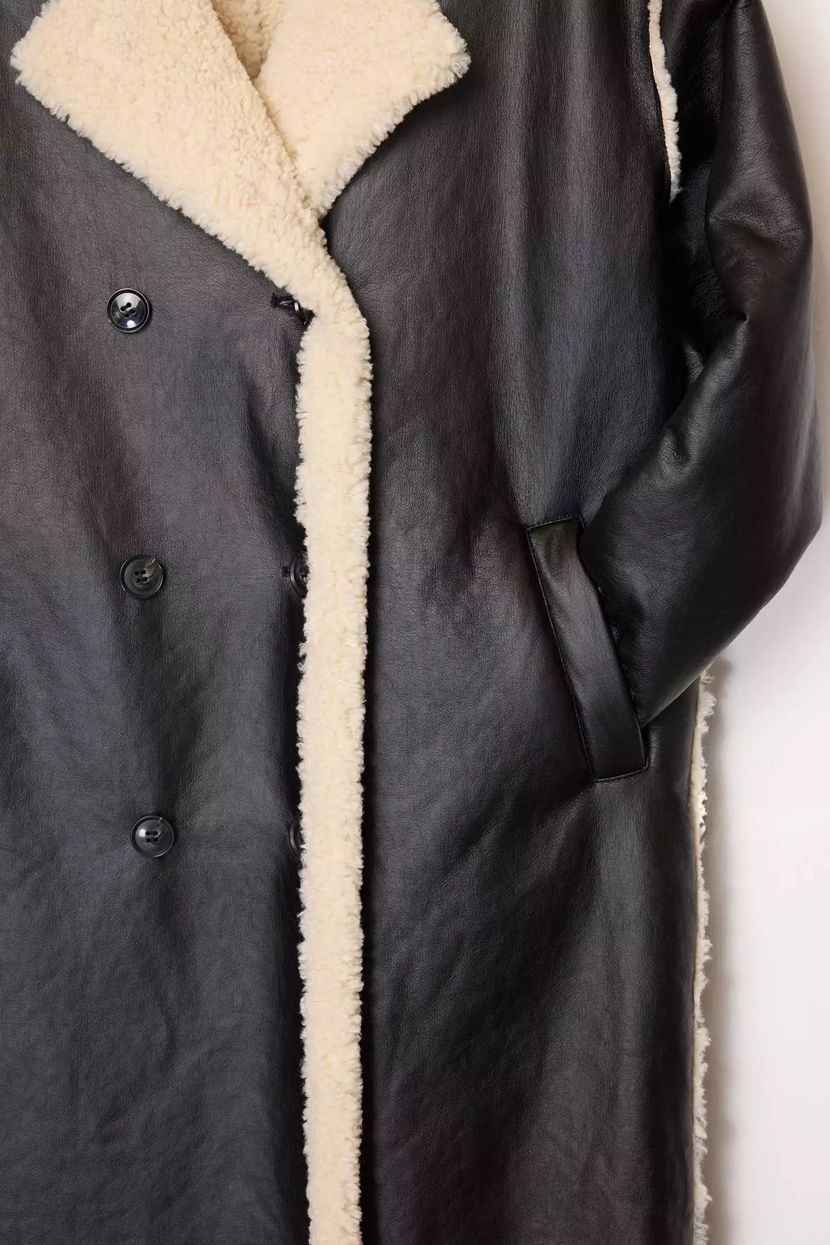 Black Double-Sided Plush Mono Closure Oversize Long Faux Leather Coat