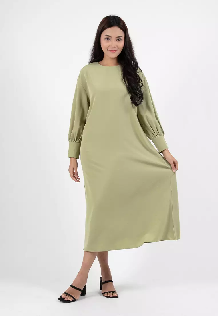 Forest x Hatta Dolmat Ladies Woven Plain Textured Cuffed Long Sleeve Midi Dress - 885069-41Green