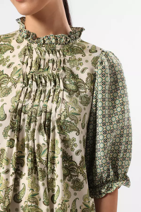 MINIMAL - Mina - Blus Ruffle Motif Paisley - Green Colour Green