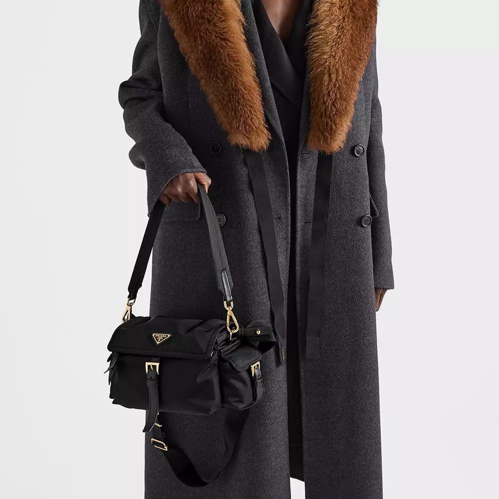 Explore Medium Re-Nylon Shoulder Bag with Flap Black