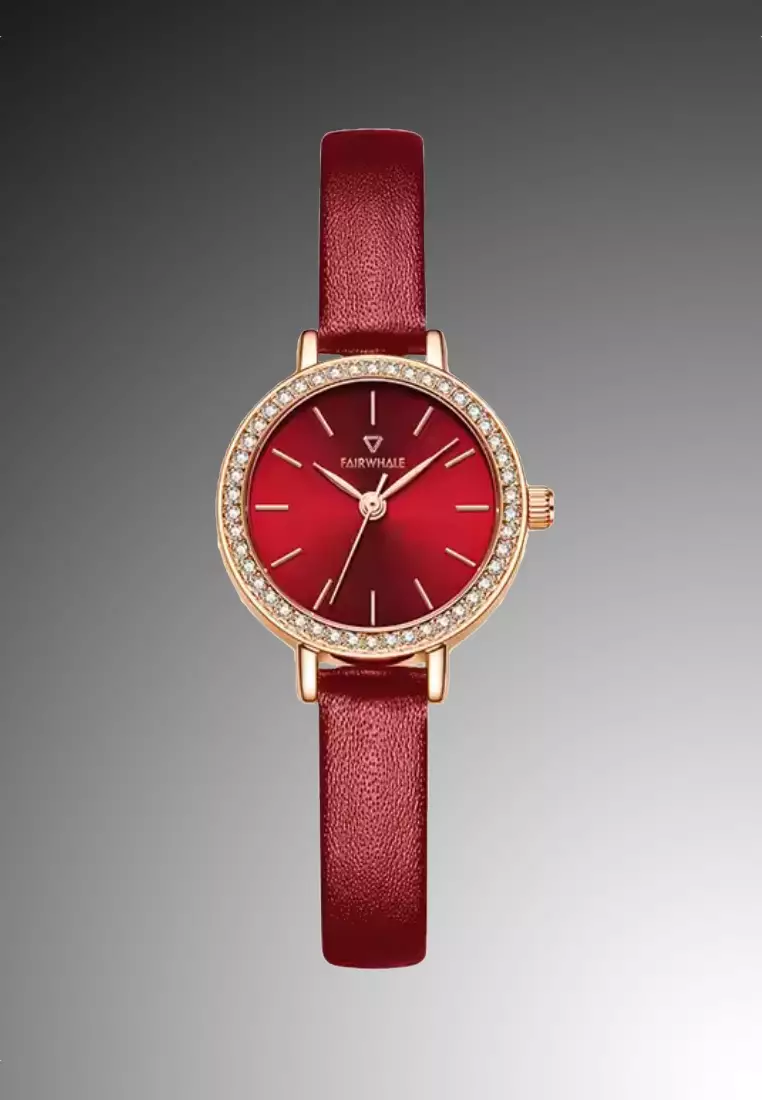 Ladies IP Rose Gold Stainless Steel Quartz Watch, 30mm Diameter, Red Leather Strap, Red Dial