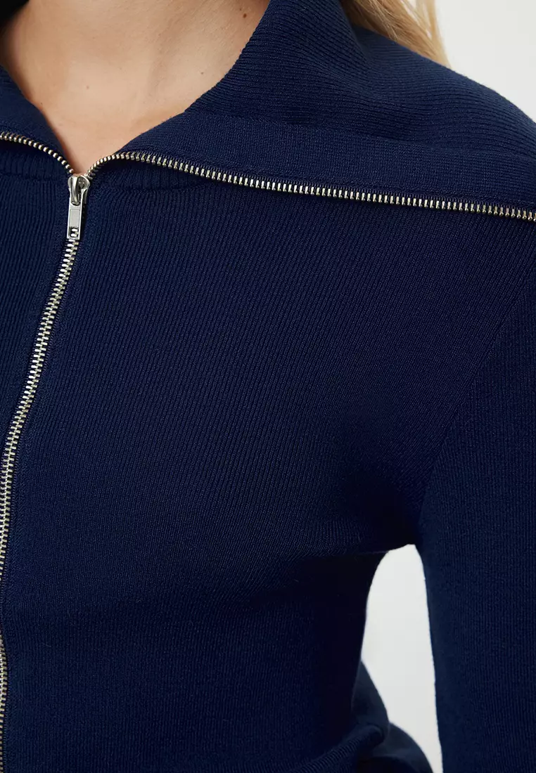 Navy Blue Mercerized Look Premium Yarn/Special Yarn Basic Knitwear Cardigan TWOAW25HI00036