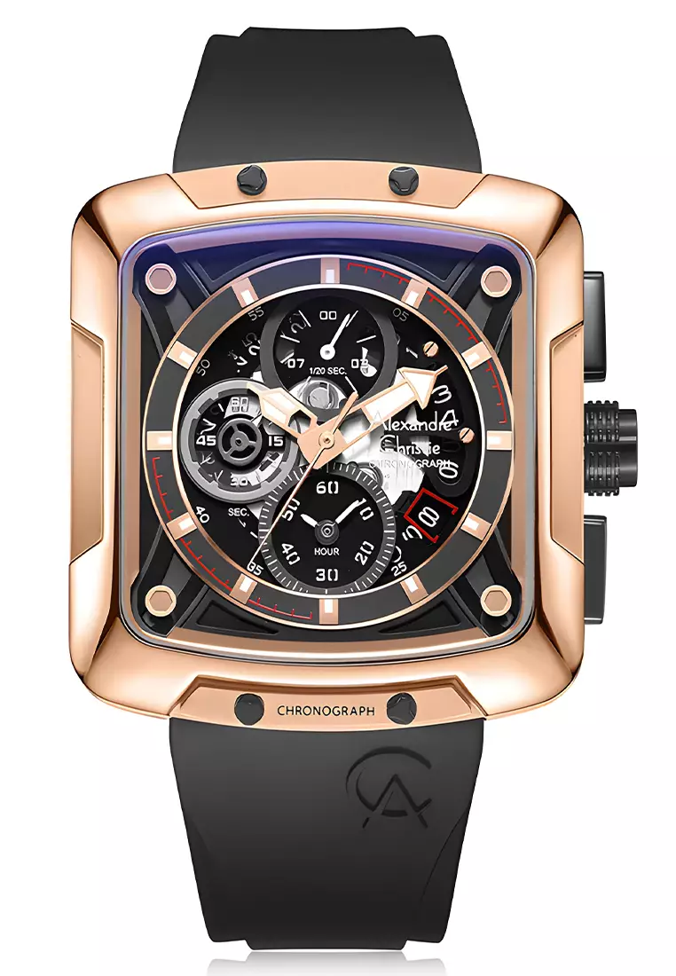 Alexandre Christie Chronograph - Jam Tangan Analog Pria - Rosegold Stainless Case - Black Rubber Strap - 3030GCRBRBA