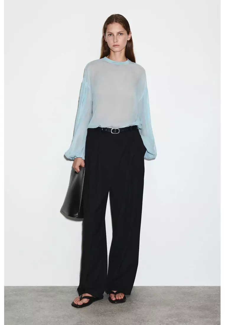 SHEER BALLOON-SLEEVE BLOUSE