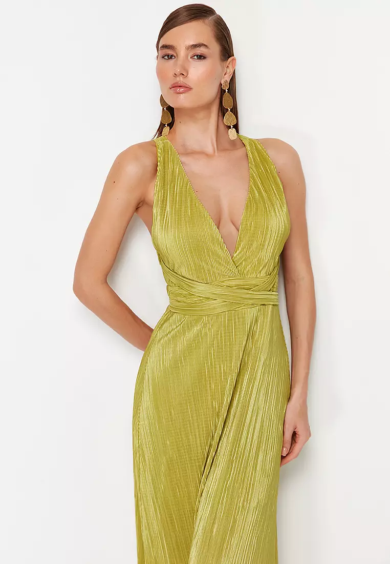 A-Cut Belted Lined Long Elegant Evening Dress