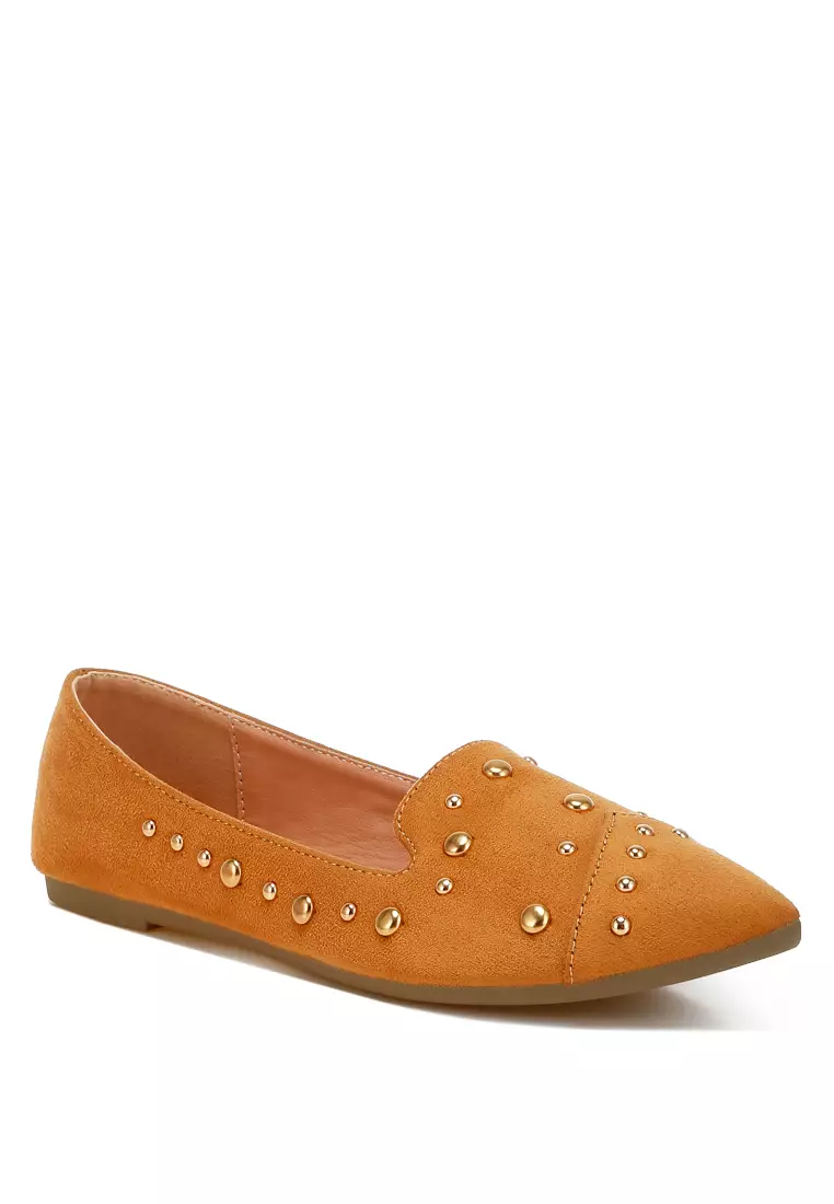 Stud Embellished Ballet Flats in Tan