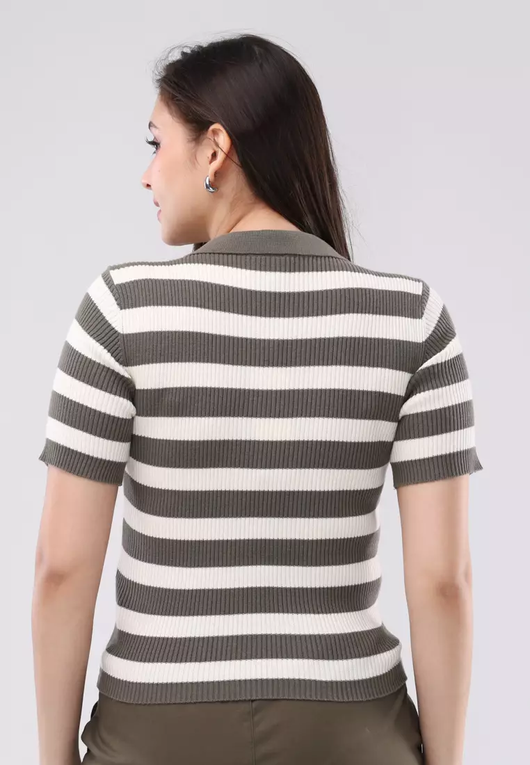 Knitted Stripes Short Sleeves Blouse