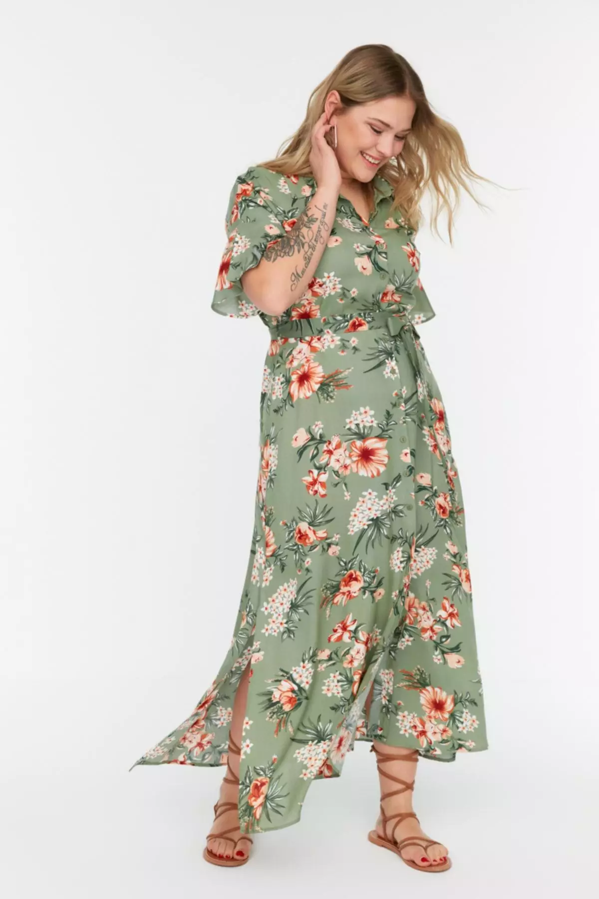Green Floral Woven Slit Shirt Dress TBBSS22EL1596