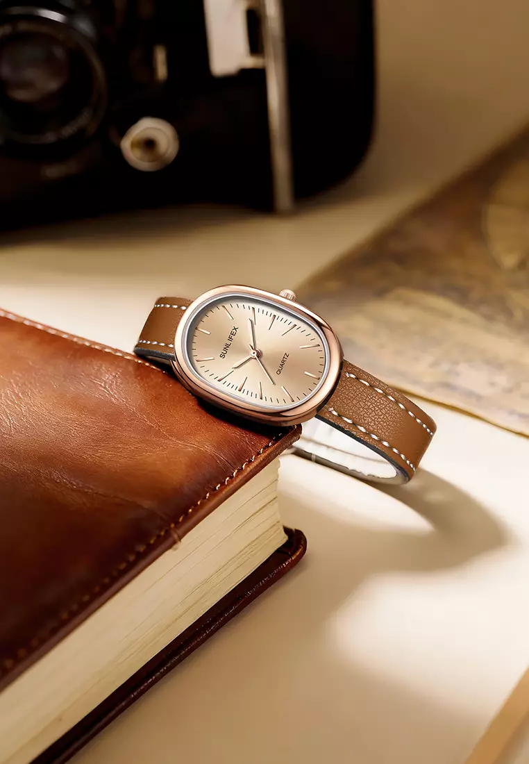 Jam Tangan Wanita Anggun Kuarsa Tali Kulit Gaya Antik Korea Jam Tangan Cewek SL6083 Brown