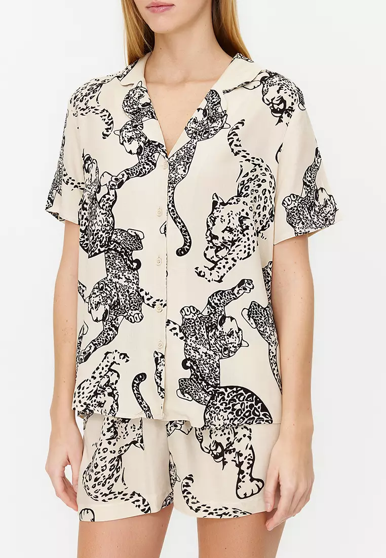 Trendyol Animal Print Thin Woven Shirt-Short Pajama Set Pigiama, Rosa, 72 (Pacco da 2) Donna
