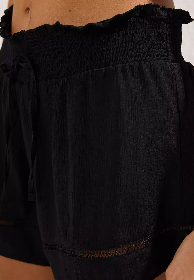 Black Woven Textured Stripe Accessory Beach Shorts
