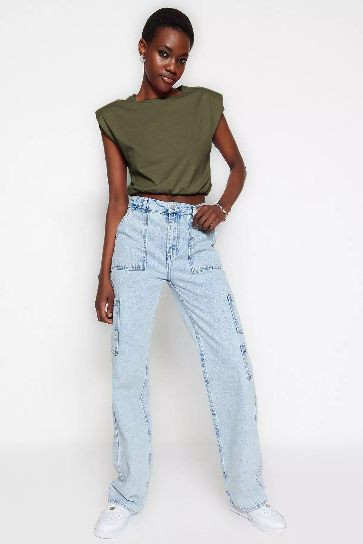 Khaki Padded Crop Crew Neck Knitted T-Shirt