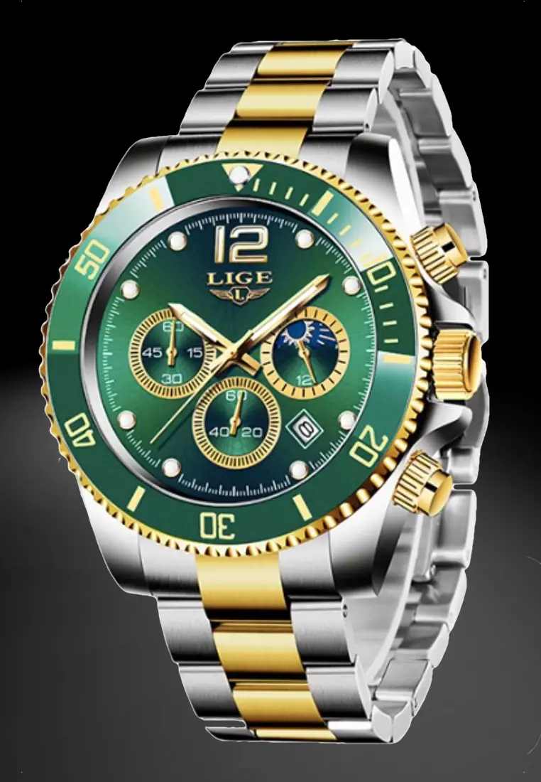 Unisex Chronograph Diver's Stainless Steel Quartz Watch with turning Bezel on Steel Bracelet