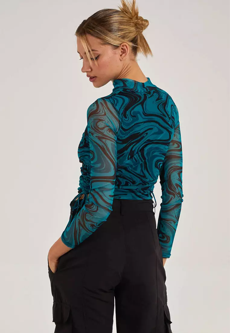 Pink Vanilla Teal Marble Print Long Sleeve Top