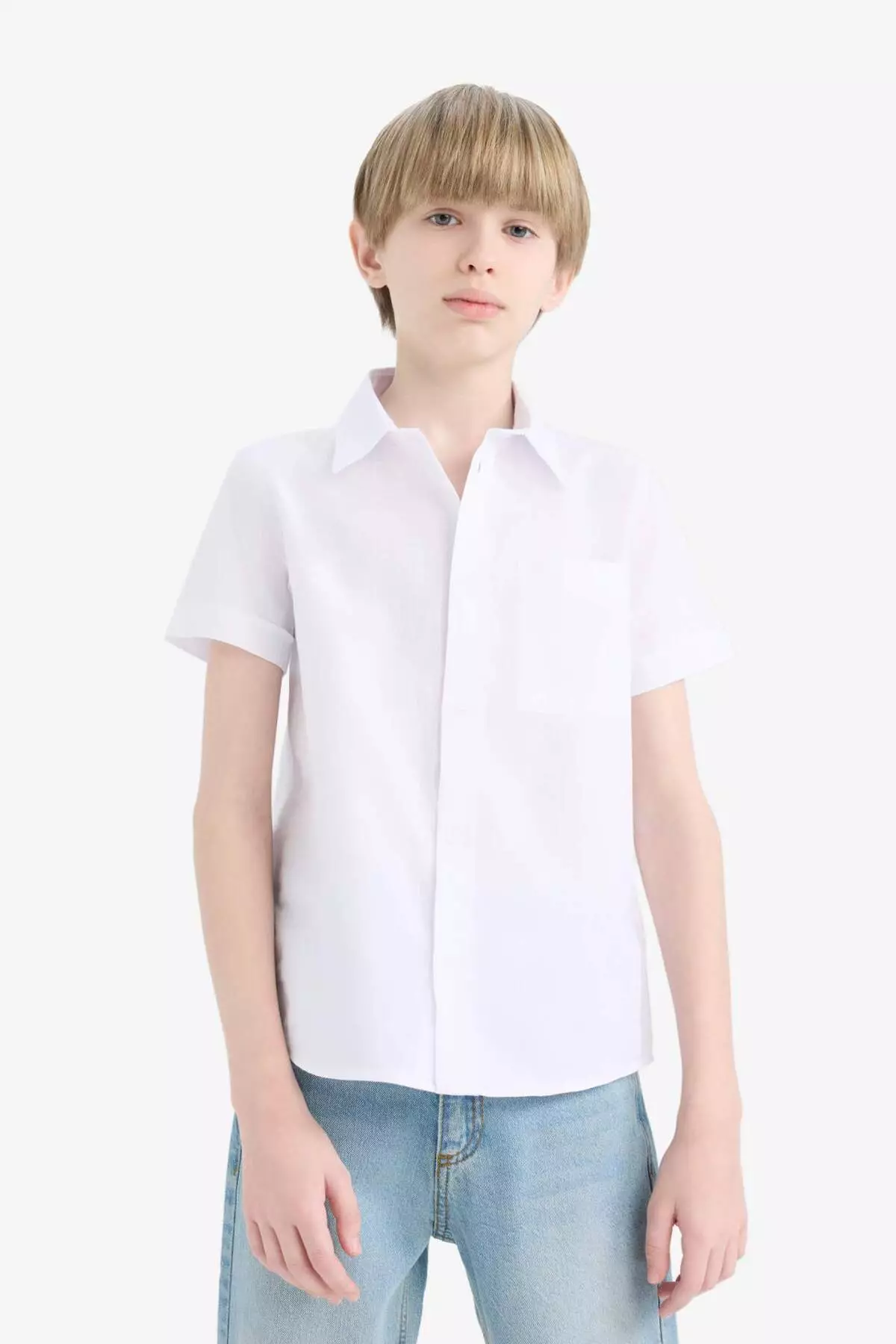 Boy's Polo Neck Linen Look Basic Plain Short Sleeve Shirt Z3204A625Sm