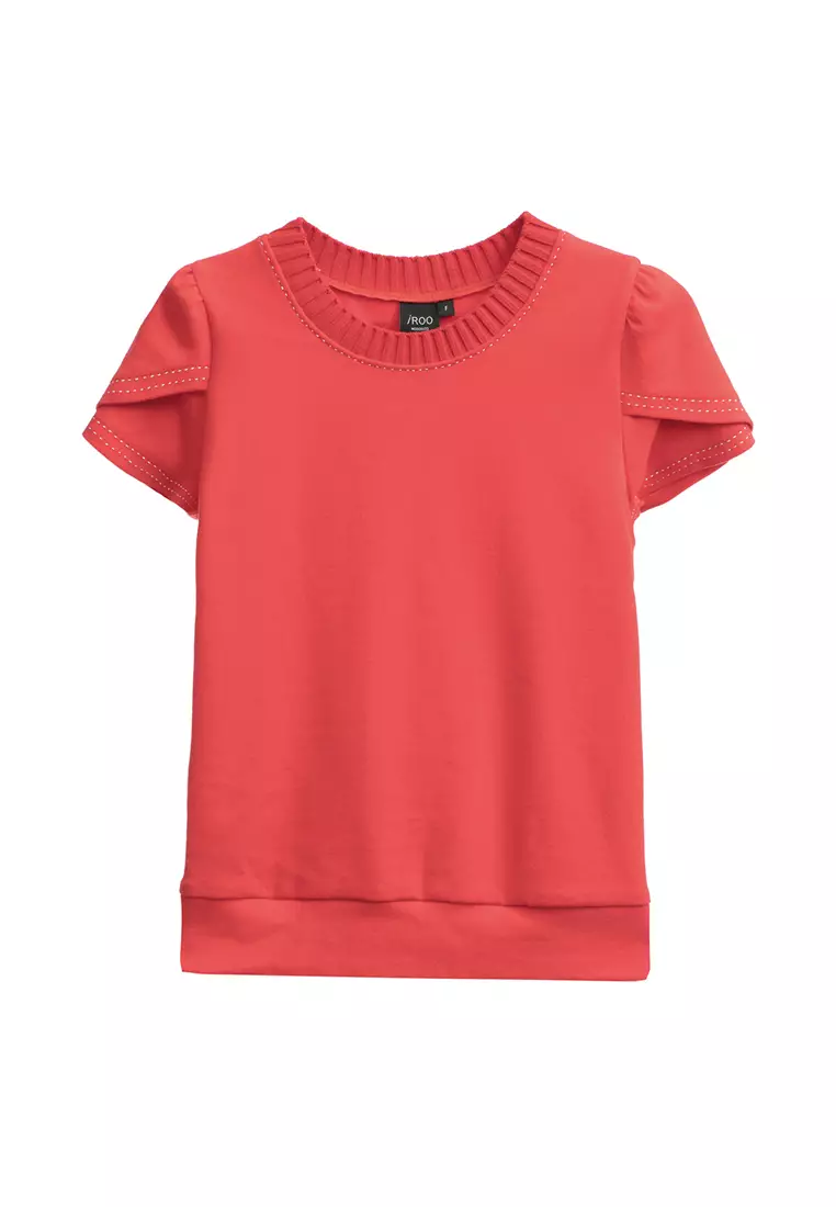 Petal Sleeve Tee With Contrast Stitching Detail