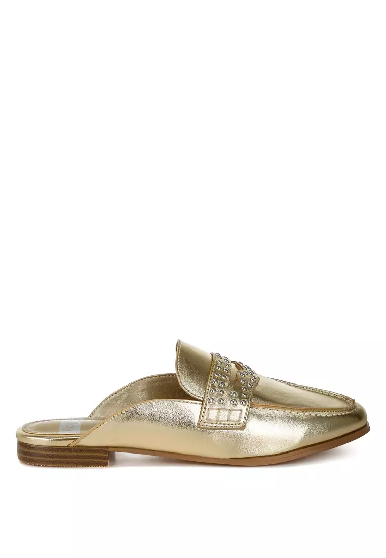 Discount on Rag & CO.  shoes - SKU: Stud Detail Metallic Pleather Mules in Gold