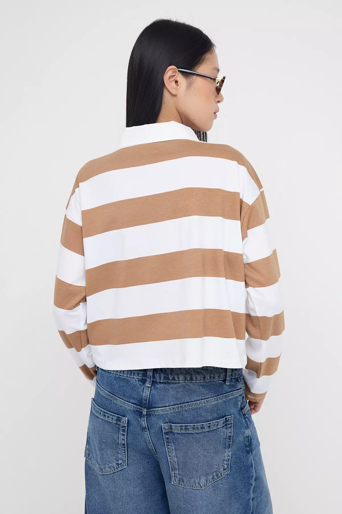 Teen Mink Striped Polo Neck Relaxed Crop/Comfortable Short Knit T-Shirt Twoaw26Ts00011