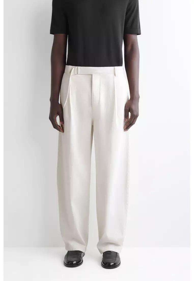 BELTED DENIM RELAXED-FIT BARREL-LEG TROUSERS