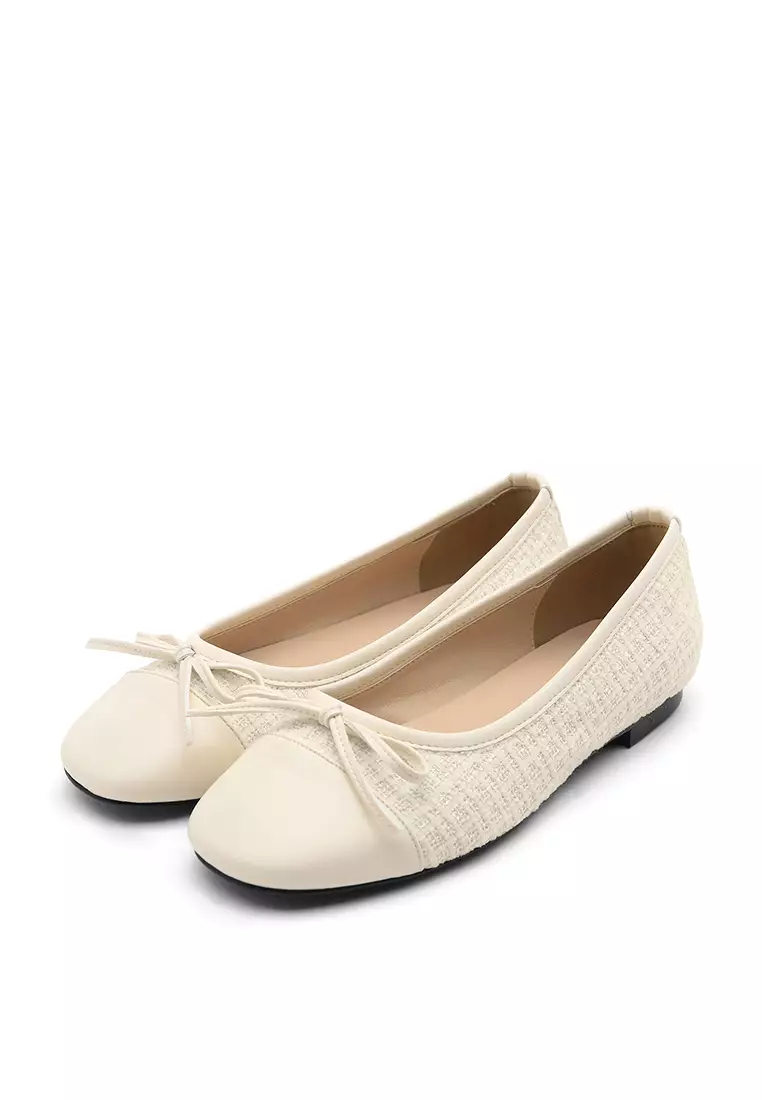 Malette Tweed two tone Ribbon Flats (1cm) - Ivory