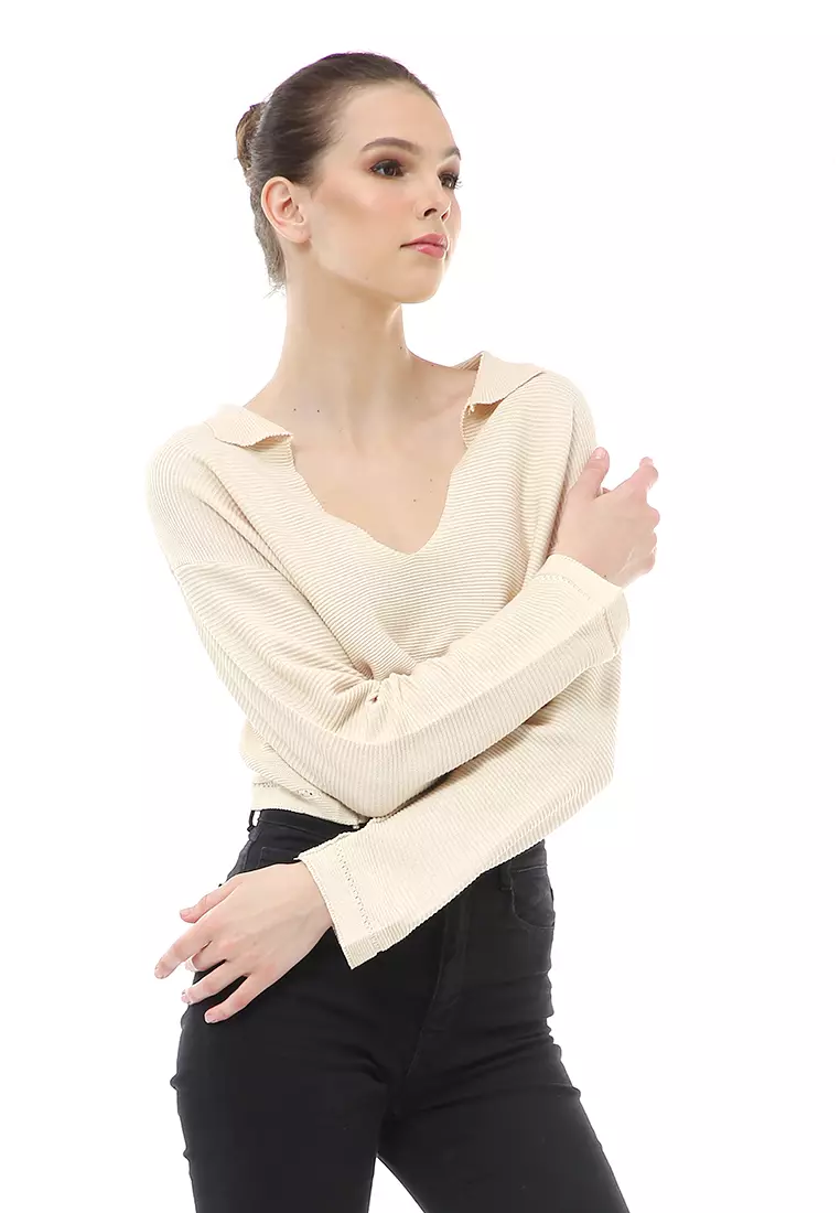 Albertine Atasan Crop Wanita Lengan Panjang Blouse Vneck Motif Polos Material Rajut ORIGINAL - Cream