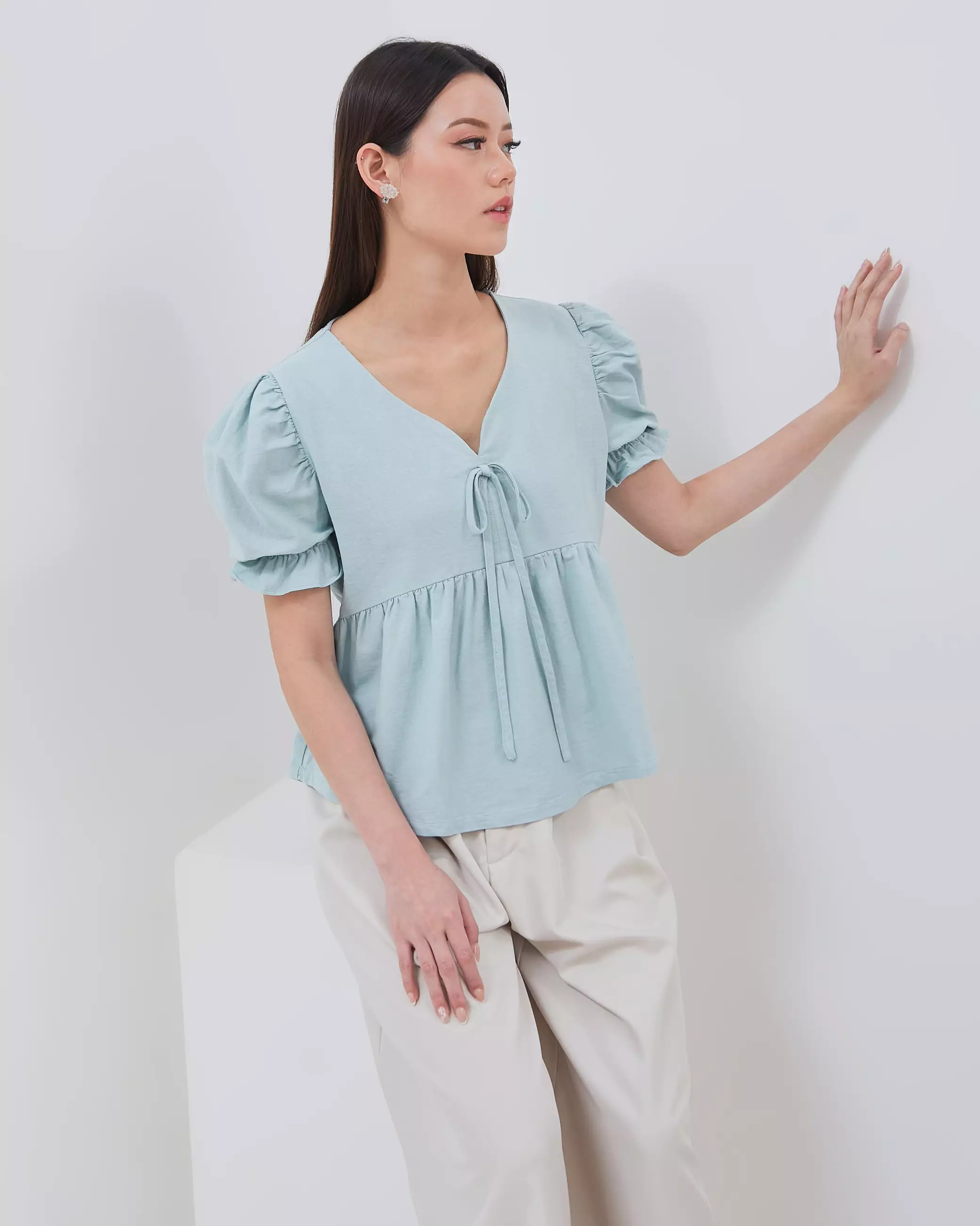 Urban Exchange Ziva Green Blouse - Atasan Blouse Puff Sleeves Warna Green