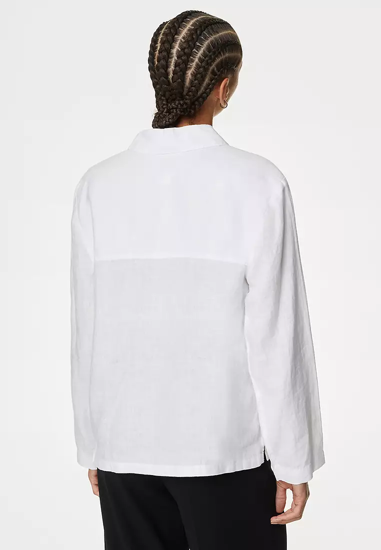 Pure Linen Collared Popover Blouse