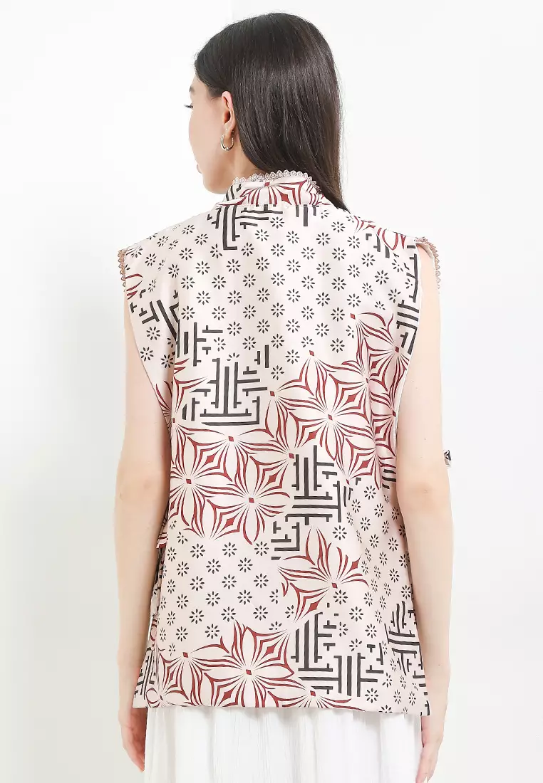 Outer Atasan Vest Batik Wanita Jalila Katun Premium Stretch Silk Cream Tanpa Lengan
