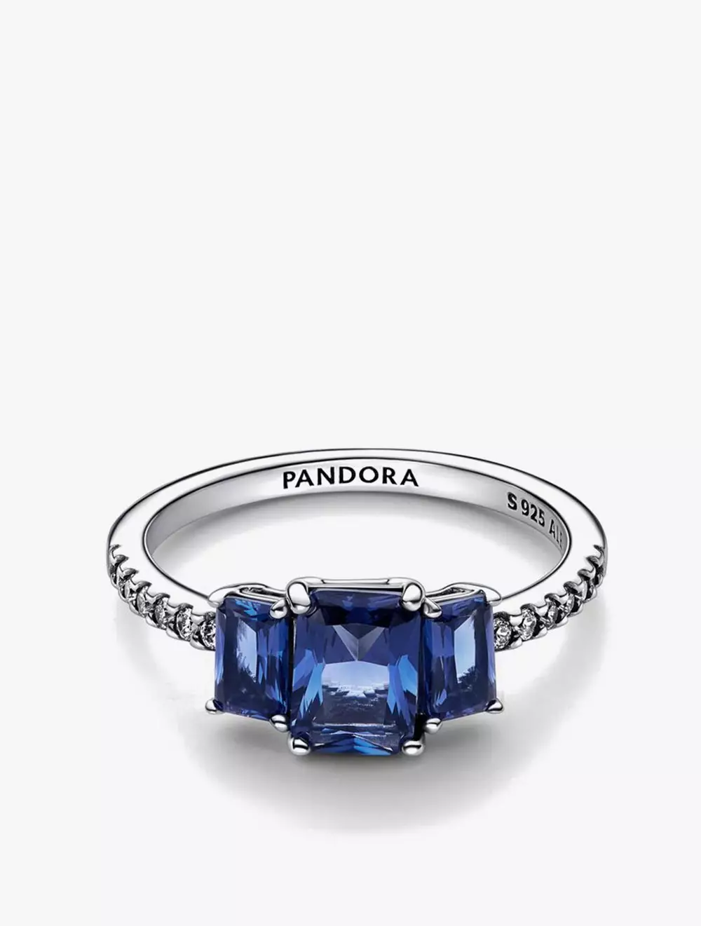 Sterling silver ring with princess blue crystal and clear cubic zirconia