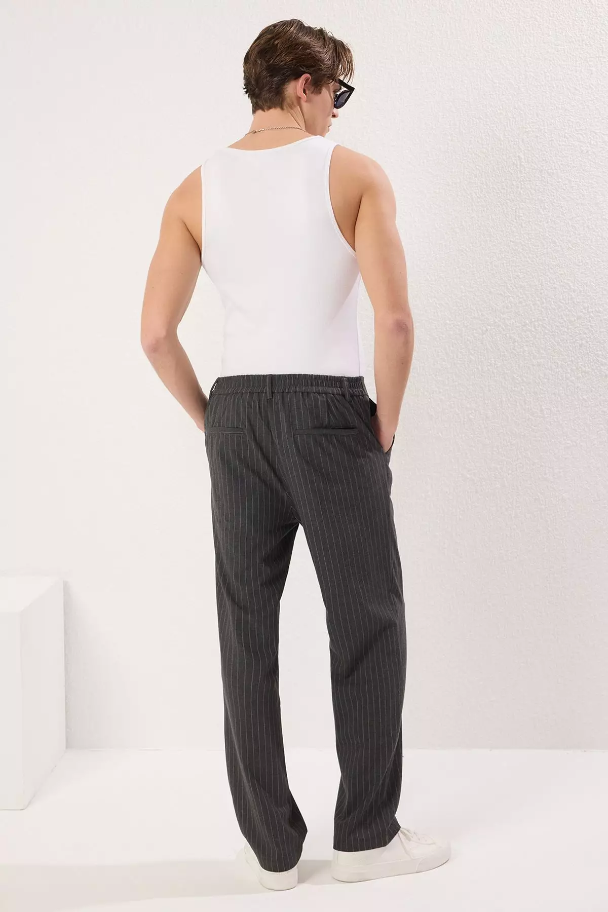 Anthracite Striped Pleated Classic Baggy Fit Fabric Trousers TMNSS24PL00024