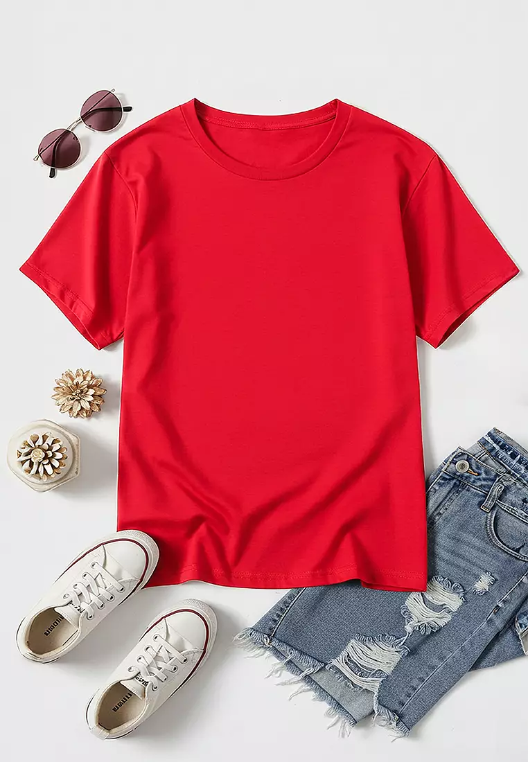 Red Stitch Detail Relaxed/Comfortable Pattern Knitted T-Shirt