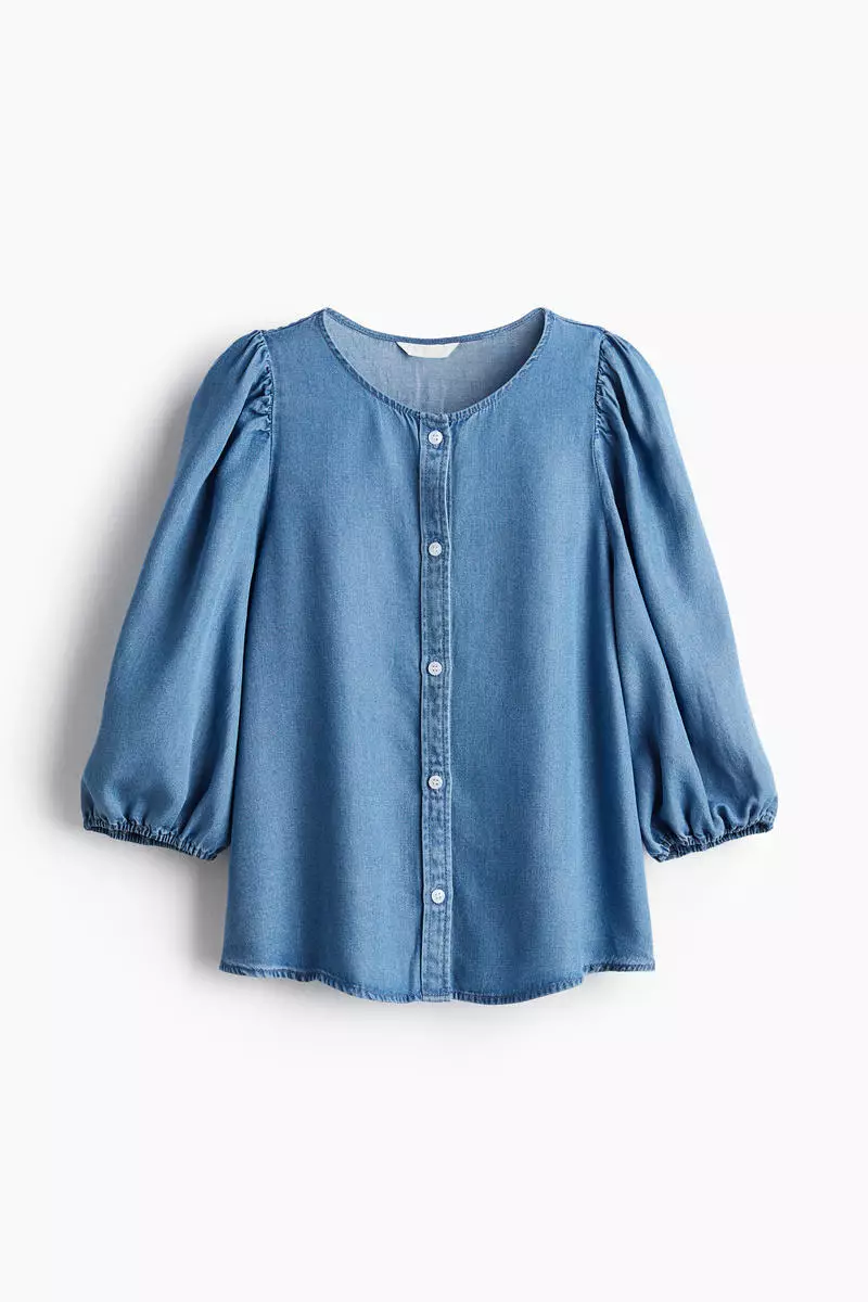 Balloon-sleeved denim blouse