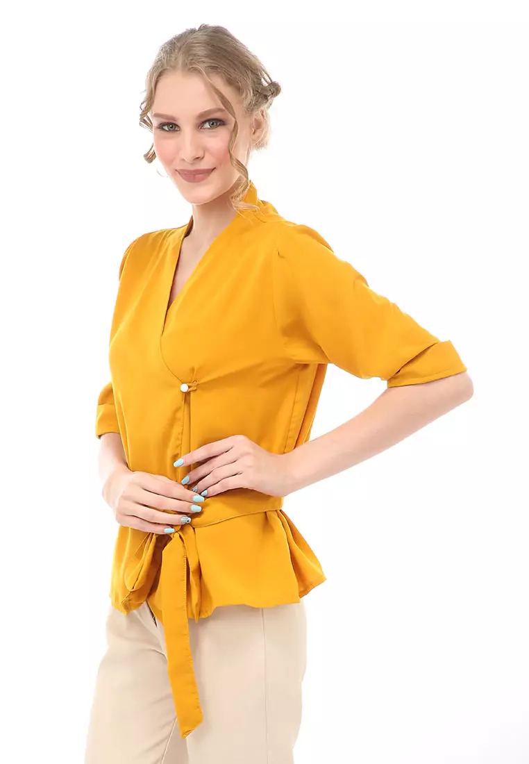Cheva Blouse Atasan Wanita Kasual Model Tali Ikat Pinggang Material Wolfis ORIGINAL - Mustard