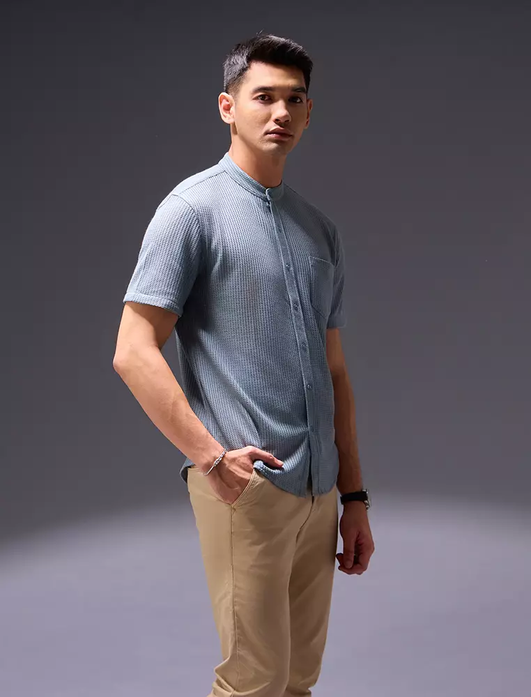 OXCON kemeja Tangan Pendek Waffle Kerah Collarless Sage Grey