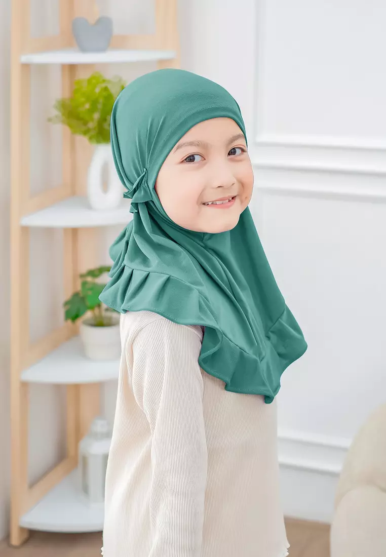 Cotton Bee - Ziva Ruffle Instan | Hijab Instan Anak | Kerudung Jilbab Bergo Tali Anak - Teal Turquoise - M