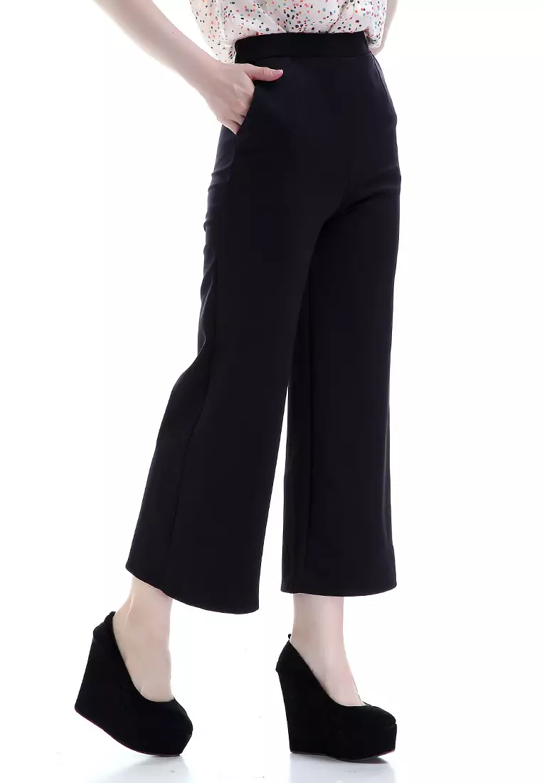 Xana Celana Kulot Bawahan Wanita Motif Solid Design Simple Woman - Hitam