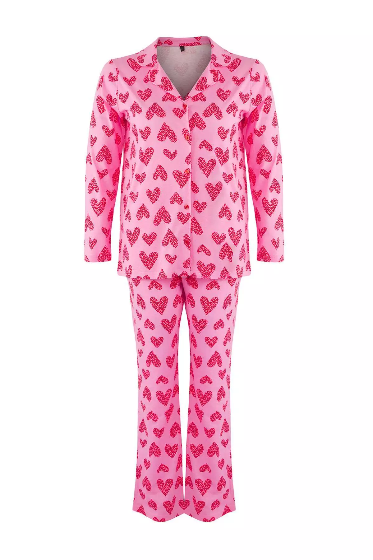 Pink 100% Cotton Heart & Leopard Patterned Shirt-Pants Knitted Pajama Set Tbbaw26Ai00017