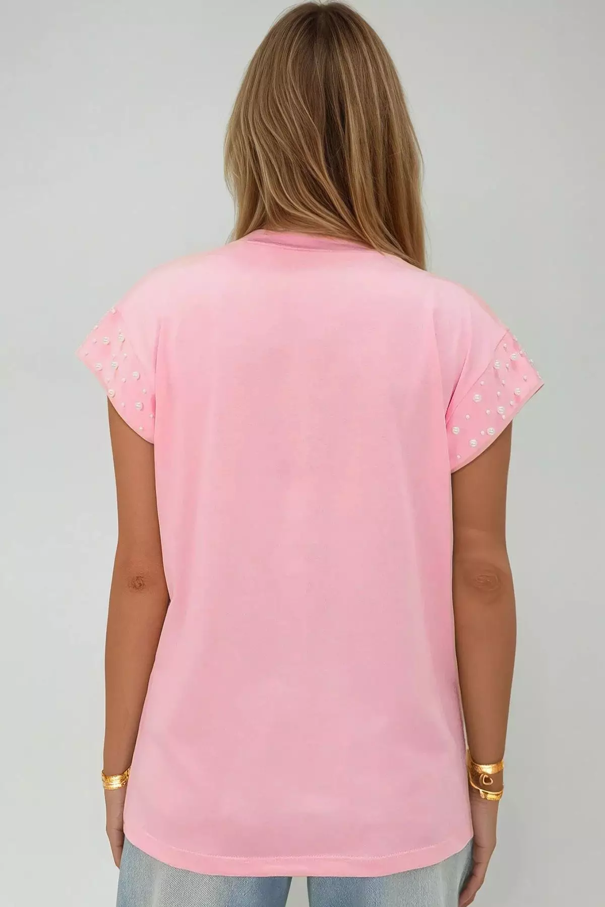 Women's Pink Crew Neck Pearl Studded Sleeveless Blouse