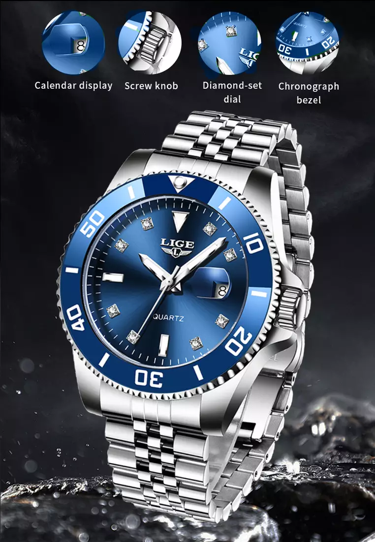 Unisex Classic Diver's Stainless Steel Quartz Watch on Steel Bracelet