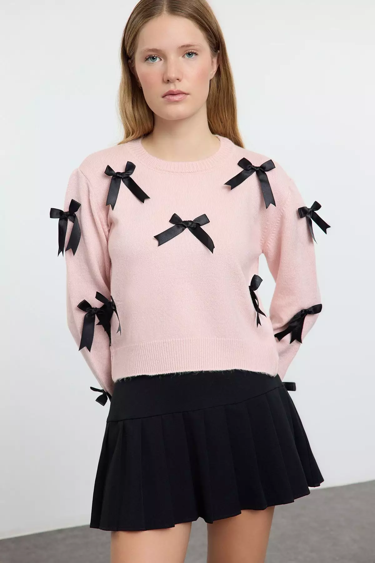 Pink Soft Textured Ribbon/Bow Detailed Knitwear Sweater TWOAW25KZ00155
