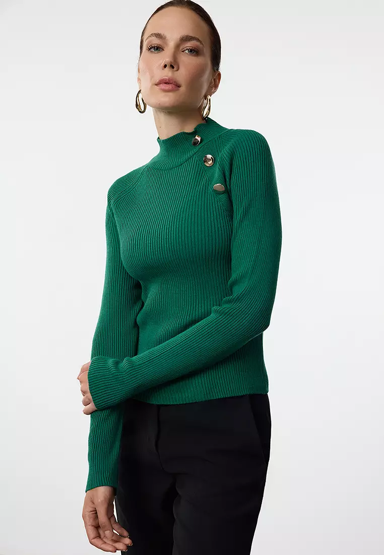 Green Button Stand Collar Detail Slim Fitted/Full Body Knitwear Sweater
