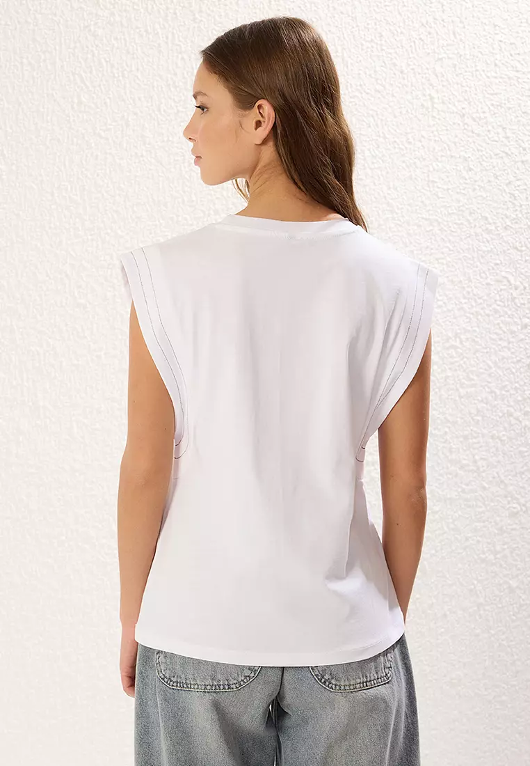 White Sleeve Stitch Detail Crew Neck Knitted T-Shirt