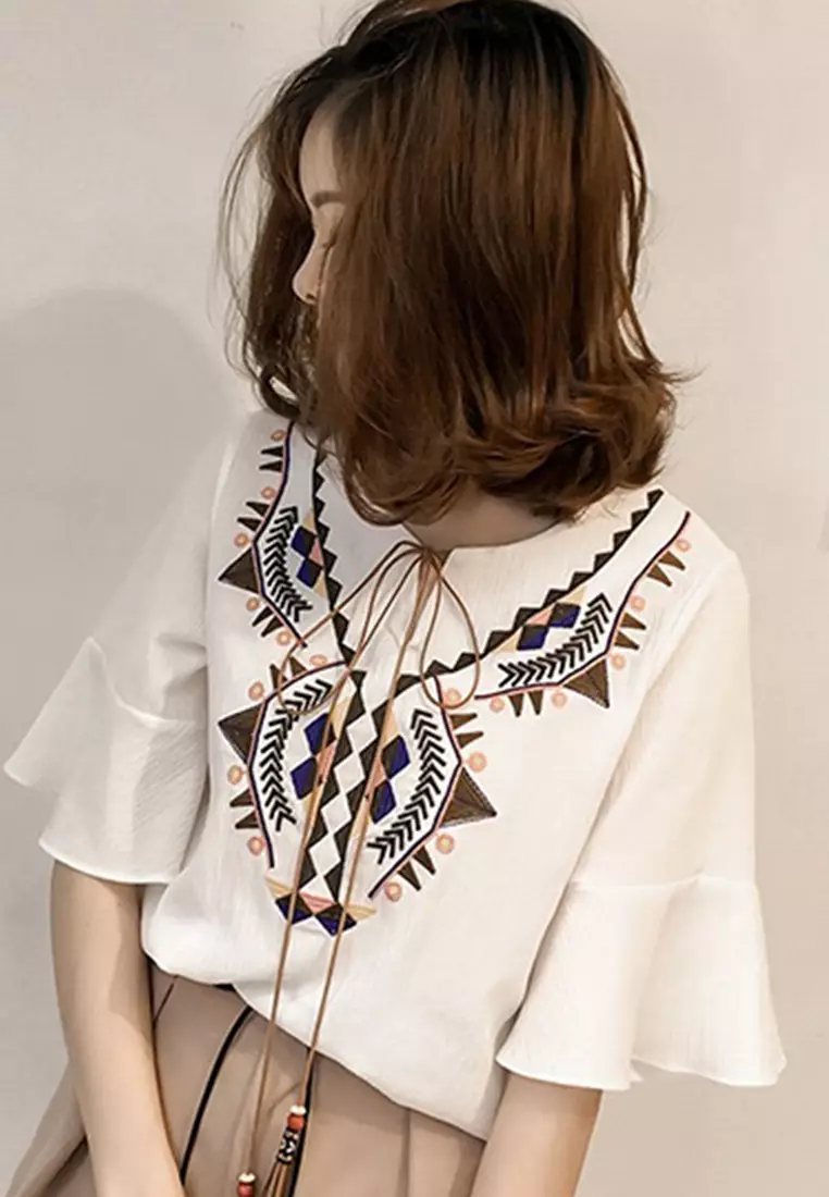 名族風刺繡荷葉邊雪紡衫上衣 A22022533W