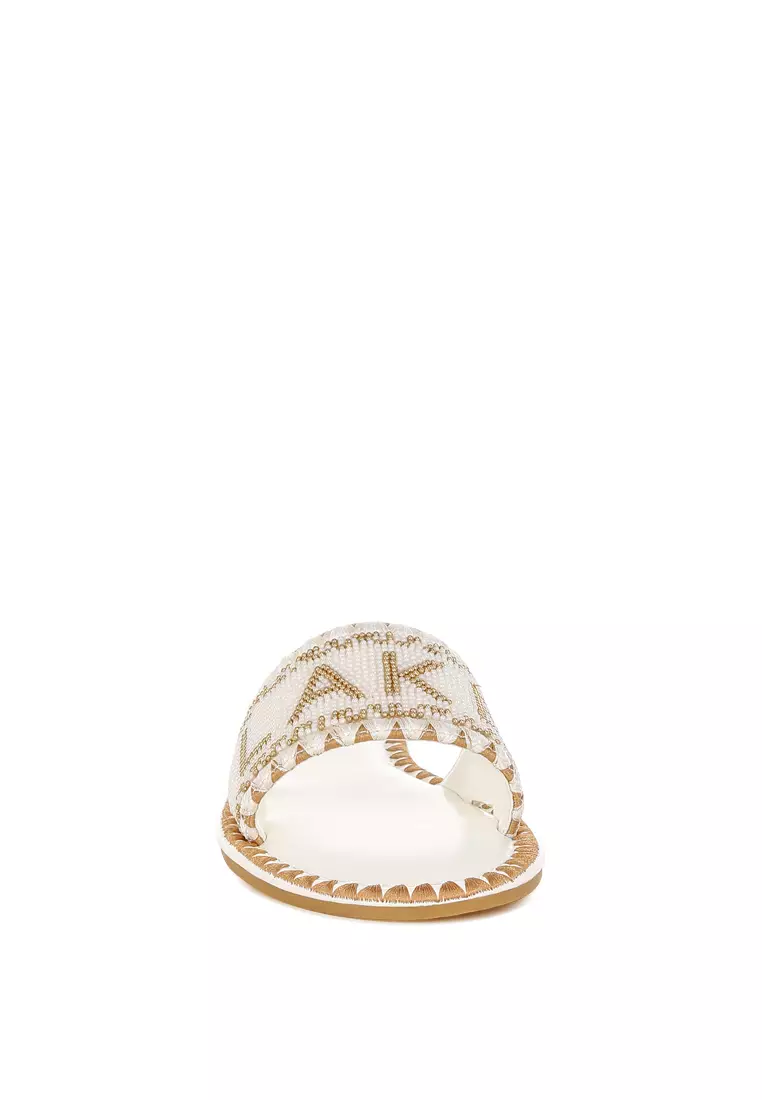 Beaded Lake Como Flat Slip Ons In Beige