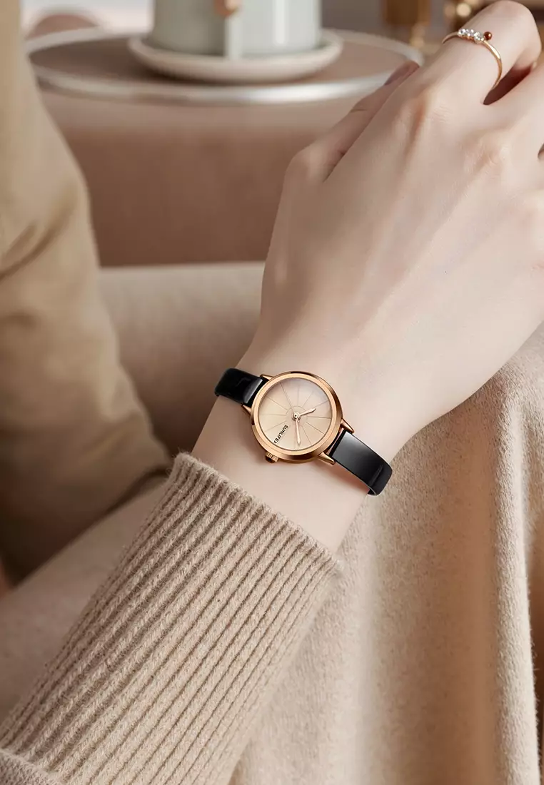 Jam Tangan Wanita Korea Retro Mini Dial Kasual Tali Kulit Jam Tangan Cewek Original black