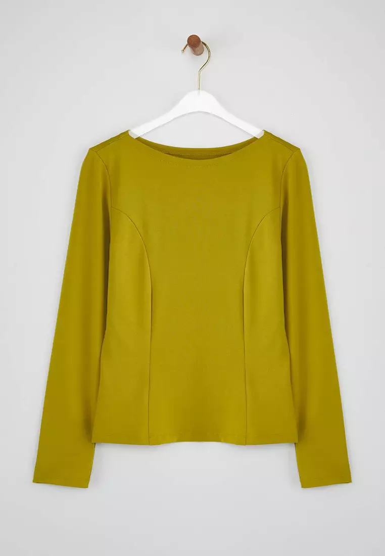 Oil Green Fitted Long Sleeve Boat Neck Flexible Knitted Blouse Twoaw26Bz00108